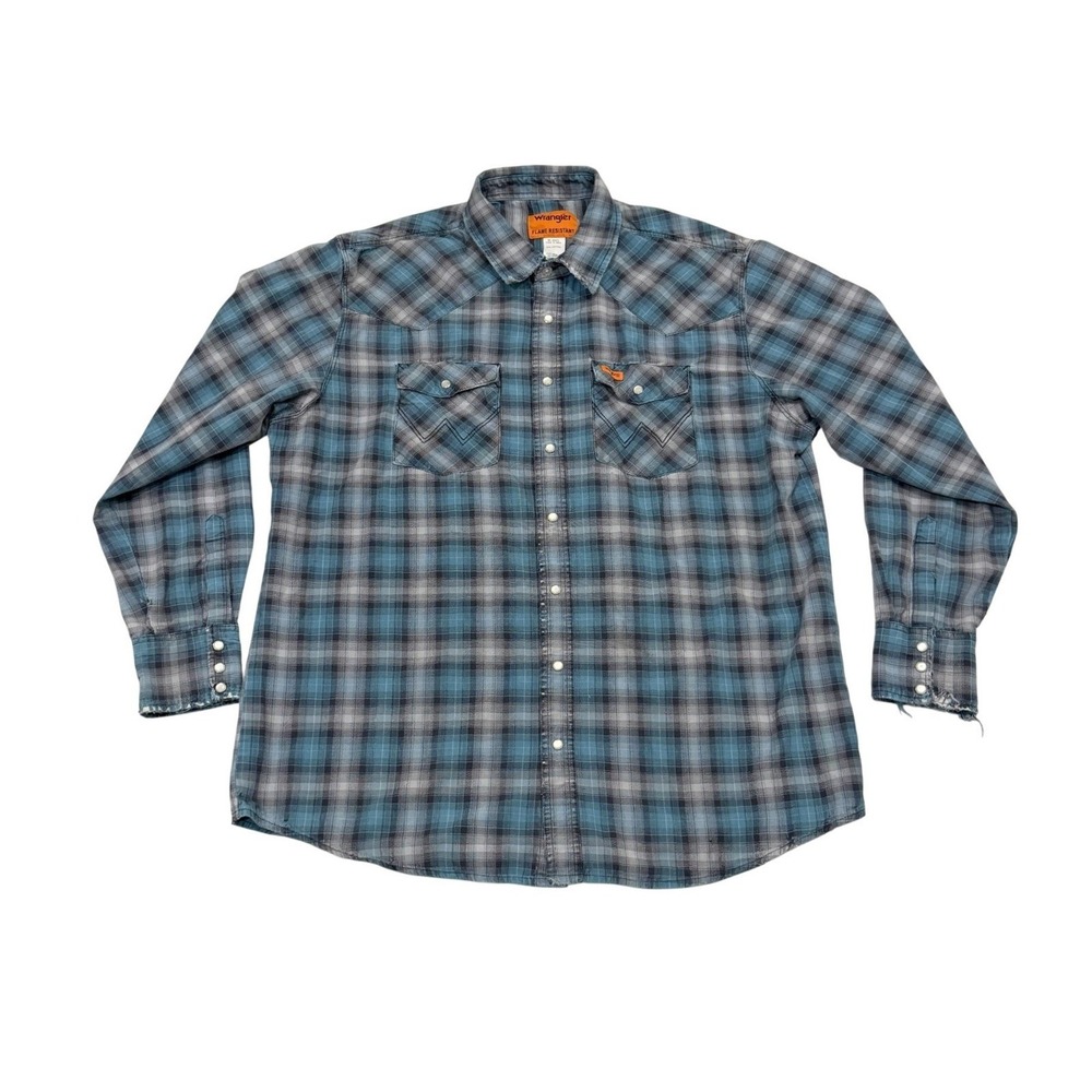 Wrangler Mens 2XT Blue Gray Plaid Flame Resistant FR Western Snap Workwear Shirt